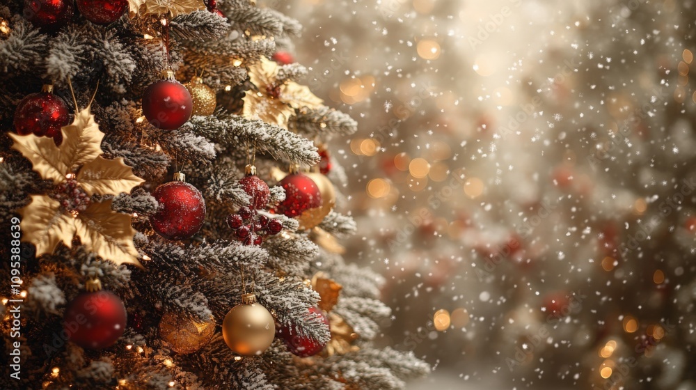Festive Christmas Tree with Red and Gold Ornaments in Snowy Ambiance Festive Christmas Tree with Red and Gold Ornaments in Snowy Ambiance