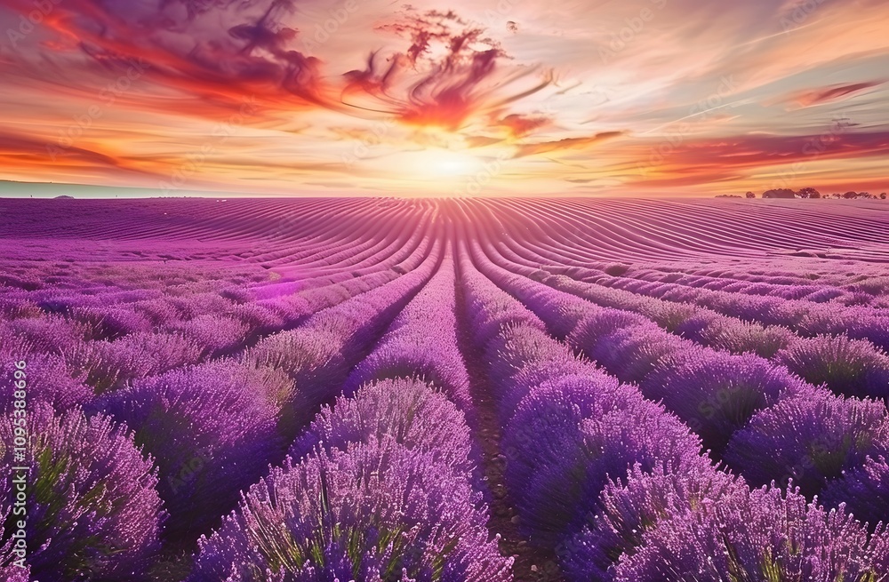 Lavender field at sunset, purple flowers, vibrant colors Lavender field at sunset, purple flowers, vibrant colors