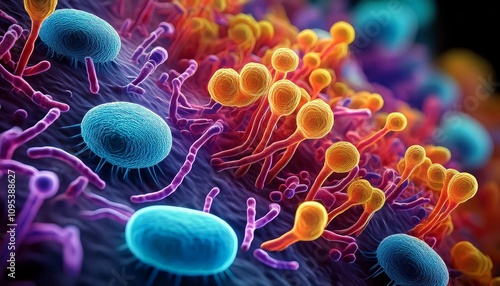 A vivid microscopic image of Clostridioides difficile bacteria, highlighting its distinctive shape and colorful appearance.