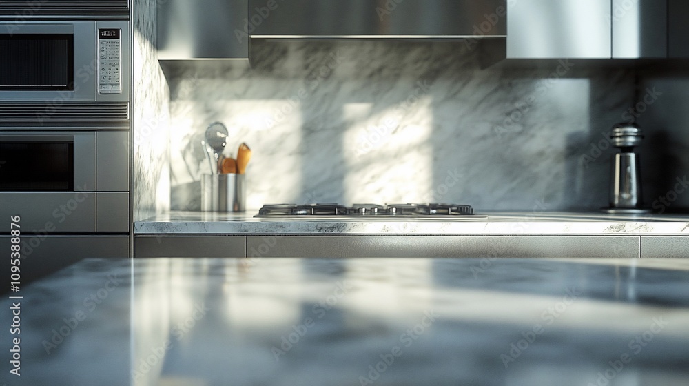 Modern kitchen with stainless steel appliances and marble countertops, sunlit. Modern kitchen with stainless steel appliances and marble countertops, sunlit.