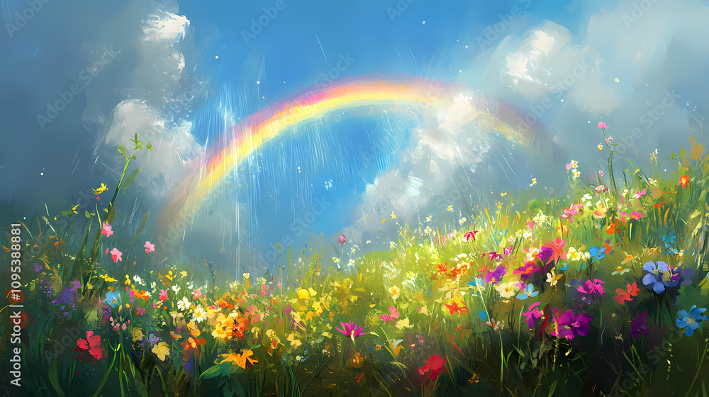 Naklejka premium A vibrant rainbow arches over a lush, green meadow filled with colorful flowers. light rain falls from a bright blue sky. Illuminated Rainbow Arch. Illustration