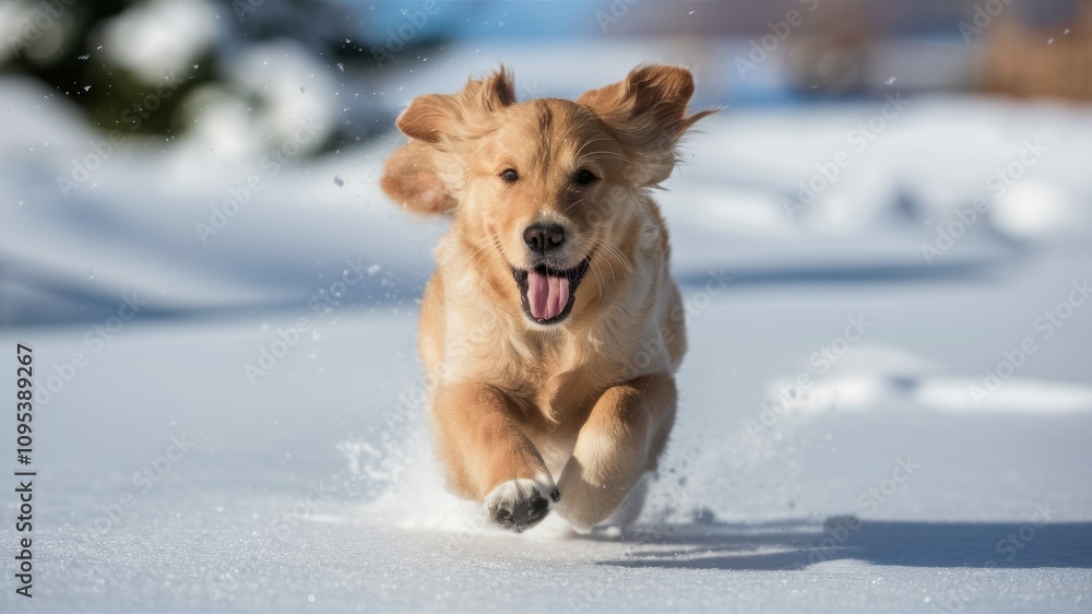 Fototapeta premium Joyful Run: A Golden Retriever puppy radiates pure joy as it bounds through the snow, its playful expression captured in a dynamic shot.