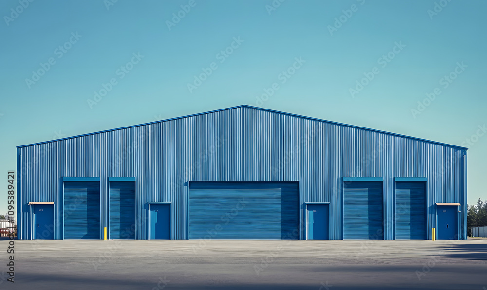 Fototapeta premium A large blue metal building with multiple doors stands on a paved lot against a clear blue sky