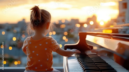 A child plays the piano against the backdrop of a stunning sunset view over the city, exemplifying youthful talent and dedication within an inspiring cityscape.