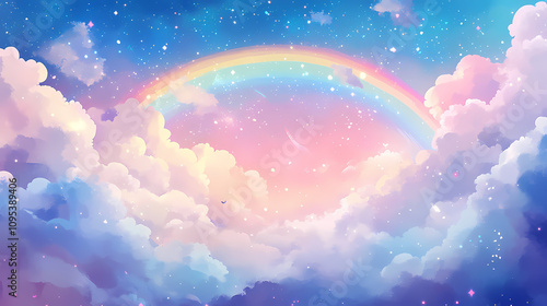 A magical rainbow arching over fluffy clouds in a pastel sky with glittering stars. Illuminated Rainbow Arch. Illustration photo