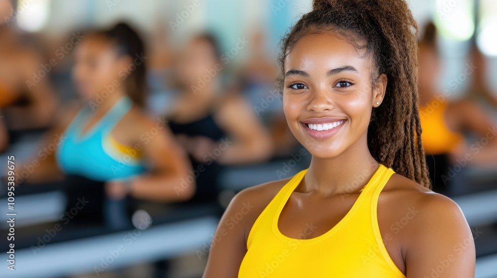 A cheerful woman wearing a yellow tank top attends a group fitness class, focusing on wellness and exercise in a dynamic and lively environment filled with energy. A cheerful woman wearing a yellow tank top attends a group fitness class, focusing on wellness and exercise in a dynamic and lively environment filled with energy.