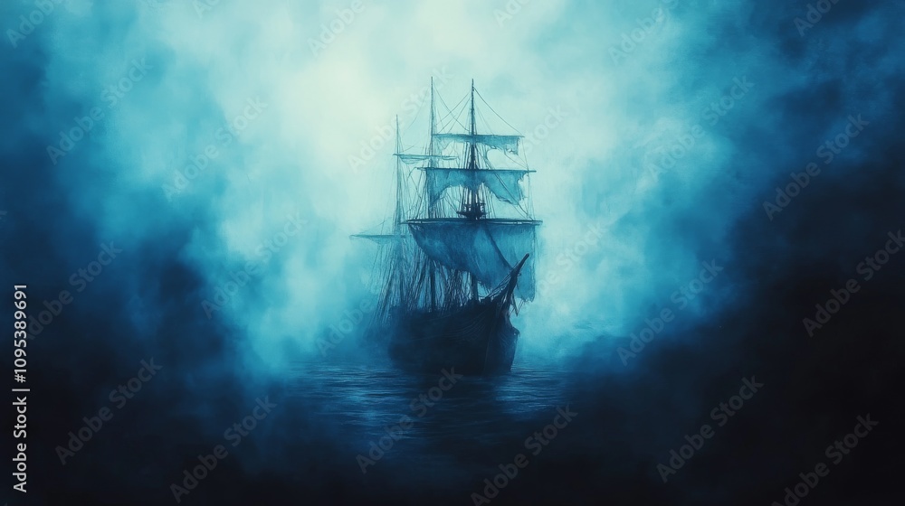 Fototapeta premium Ghost Ship Sailing Through Misty Ocean Waters