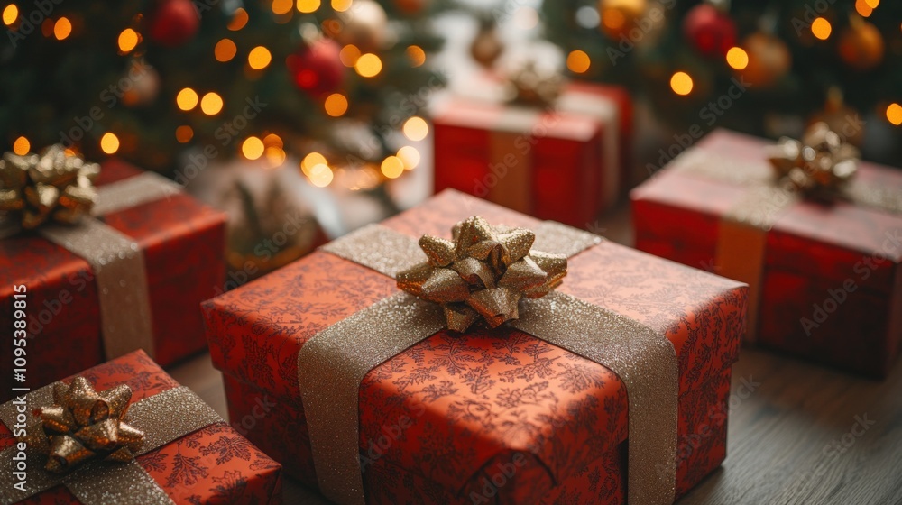 Fototapeta premium Festive Holiday Gifts With Sparkling Bows Amidst Christmas Decor