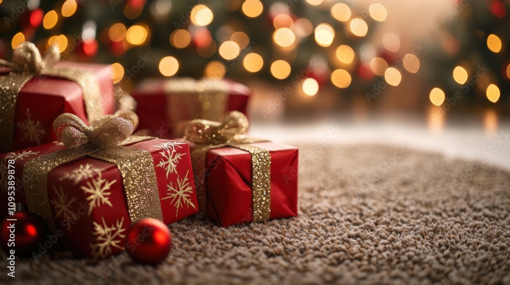 Festive Holiday Gifts with Sparkling Bokeh Background Festive Holiday Gifts with Sparkling Bokeh Background