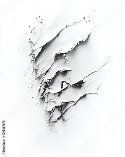 Abstract texture resembling torn layers on a white background, emphasizing form and contrast.