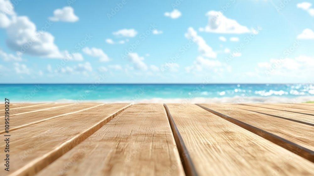 Fototapeta premium A wooden deck overlooks a bright, clear blue ocean under a sky dotted with fluffy white clouds, creating a peaceful and refreshing natural setting.