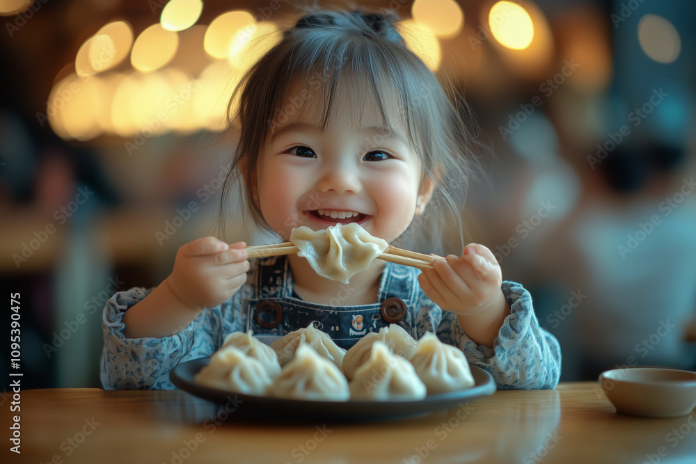 Joyful child relishes delicious dumplings at a cozy eatery Joyful child relishes delicious dumplings at a cozy eatery