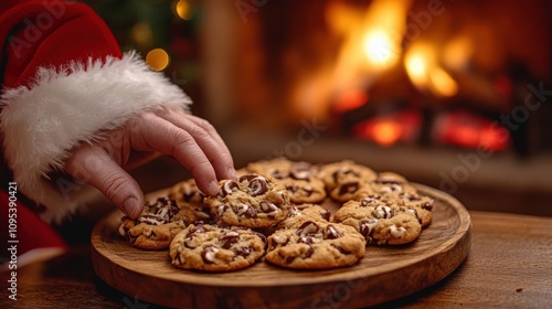 Santa's Hand Reaching for Delicious Christmas Cookies by the Fire