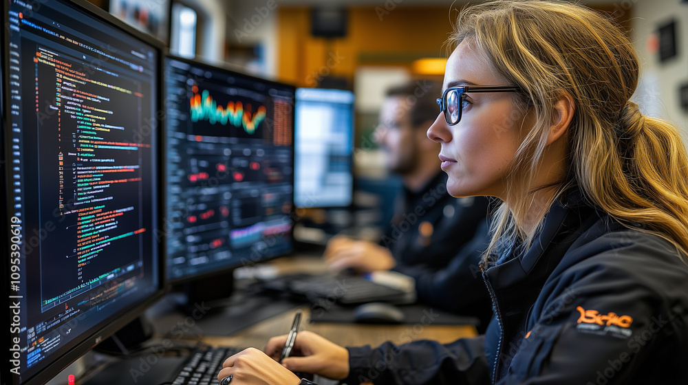A team of analysts discussing quarterly revenue reports displayed on multiple monitors A team of analysts discussing quarterly revenue reports displayed on multiple monitors