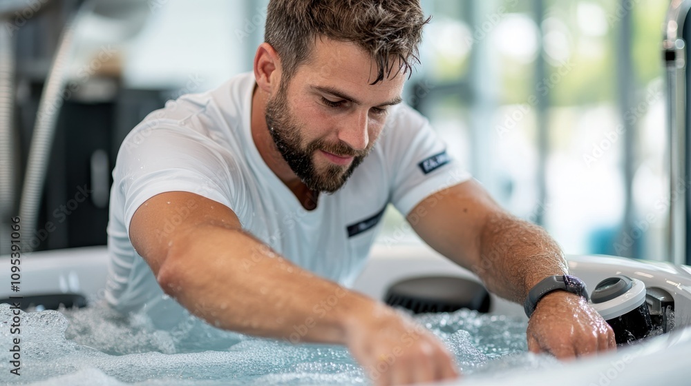 A man in a white shirt adjusts the water in a bubbling hot tub, emphasizing relaxation and modern spa experiences for self-care and wellness. A man in a white shirt adjusts the water in a bubbling hot tub, emphasizing relaxation and modern spa experiences for self-care and wellness.