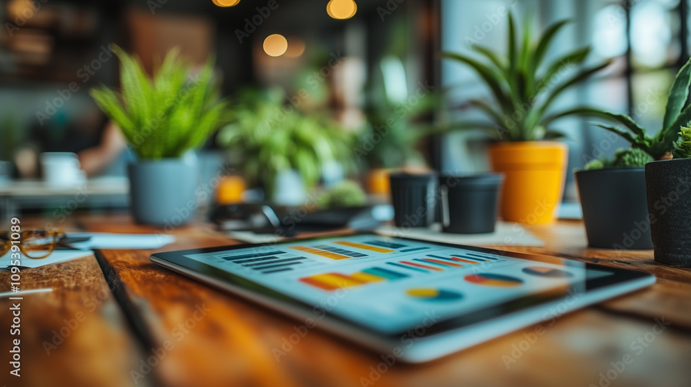 A group of coworkers huddled around a tablet showing the layout for a marketing campaign A group of coworkers huddled around a tablet showing the layout for a marketing campaign