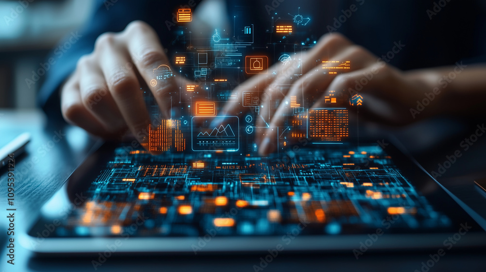 A professional team collaborating over a tablet, with floating icons symbolizing data sharing and project planning A professional team collaborating over a tablet, with floating icons symbolizing data sharing and project planning
