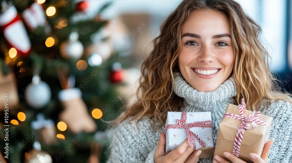 A cheerful woman with wavy hair, wearing a knitted sweater, holds wrapped Christmas presents, standing before a decoratively lit Christmas tree in a cozy atmosphere. A cheerful woman with wavy hair, wearing a knitted sweater, holds wrapped Christmas presents, standing before a decoratively lit Christmas tree in a cozy atmosphere.