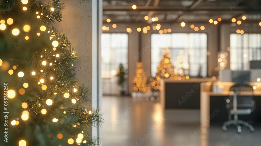 Holiday decorations bring warmth to a modern open-plan office during the festive season Holiday decorations bring warmth to a modern open-plan office during the festive season