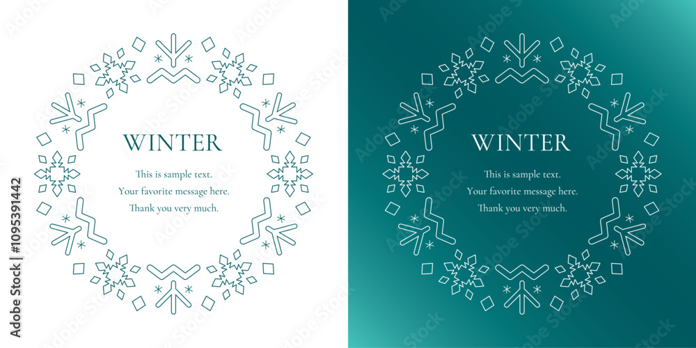 Fototapeta premium 雪の結晶と光をモチーフにした冬の飾り枠。高級感のある囲みのデザイン