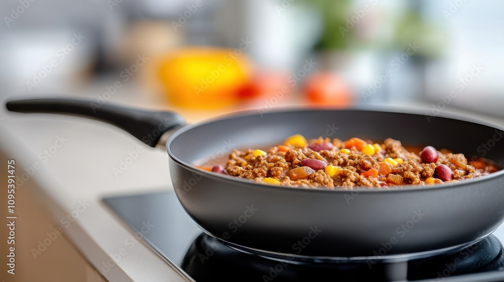 A side view of a frying pan on an electric stove, cooking a colorful chili dish brimming with corn, beans, and ground meat, symbolizing comfort and nourishment.