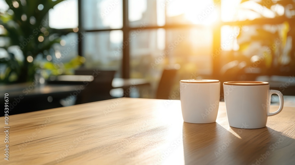 Two coffee mugs bask in warm sunlight on a wooden table, amidst lush greenery, capturing the essence of a calm and rejuvenating morning. Two coffee mugs bask in warm sunlight on a wooden table, amidst lush greenery, capturing the essence of a calm and rejuvenating morning.