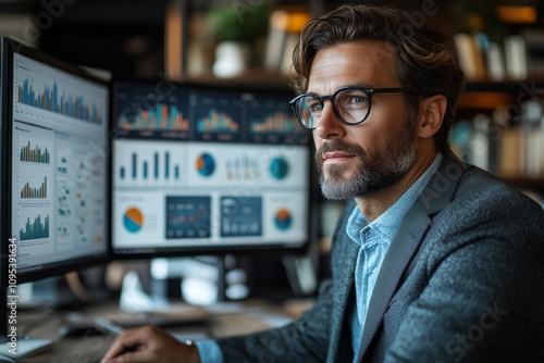 A well-dressed professional analyzing marketing metrics on a dashboard displayed on a dual-monitor setup photo