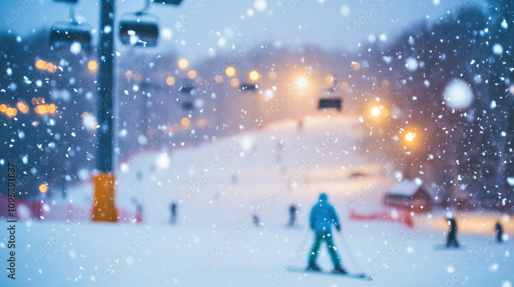 Snowflakes drift gently on a ski slope as skiers enjoy a winter day at a ski resort Snowflakes drift gently on a ski slope as skiers enjoy a winter day at a ski resort