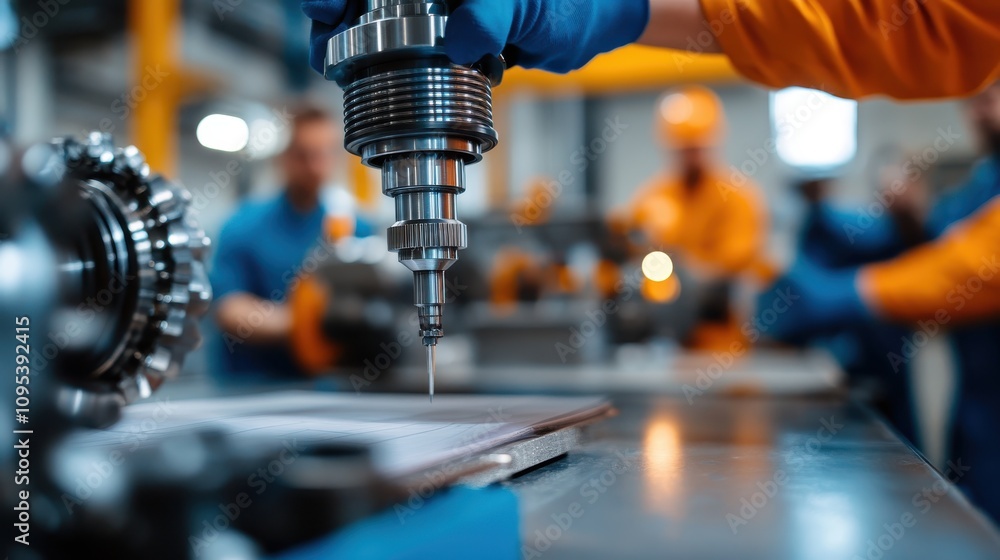 The image depicts a close-up view of industrial machinery, focusing on a precision drill tool in action within a busy manufacturing environment with workers in the background. The image depicts a close-up view of industrial machinery, focusing on a precision drill tool in action within a busy manufacturing environment with workers in the background.