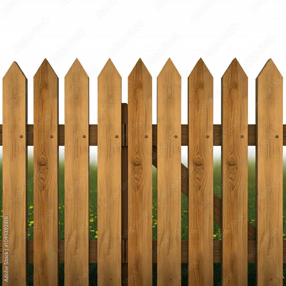 A wooden picket fence with pointed tops and a grass background. A wooden picket fence with pointed tops and a grass background.