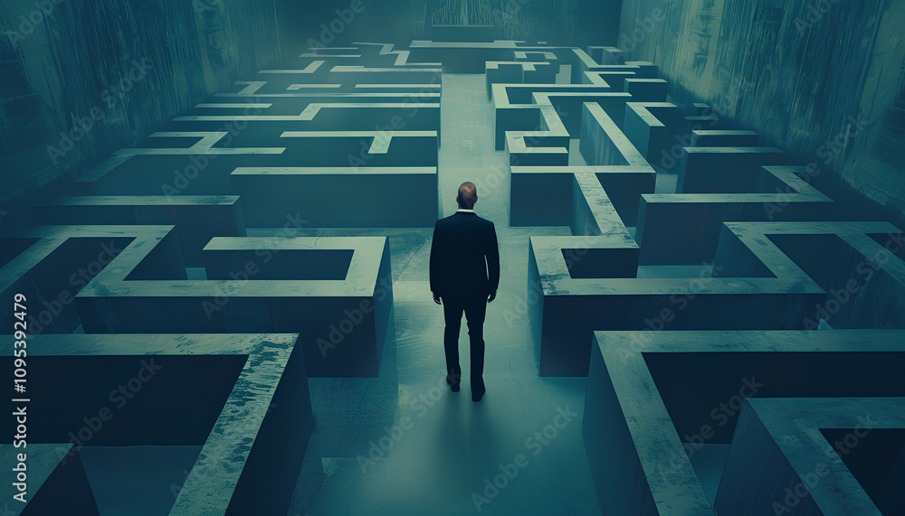 Businessman prepares to enter 3D flat maze Businessman prepares to enter 3D flat maze