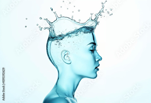 Woman's Face Surrounded by Blue Water Droplets and Splashes Highlighting Moisturizer and Skincare in a Marketing Advertisement Cosmetic Elegance