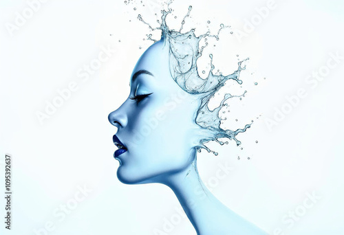Woman's Face Splashes of Blue Water and Droplets Fluid Beauty of Liquid Surreal Portrait Moisturizer and Cosmetic Marketing