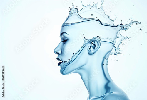 Woman's Face Splashes of Blue Water and Droplets Fluid Beauty of Liquid Surreal Portrait Moisturizer and Cosmetic Marketing