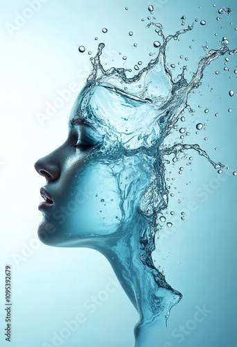 Woman's Face Splashes of Blue Water and Droplets Fluid Beauty of Liquid Surreal Portrait Moisturizer and Cosmetic Marketing