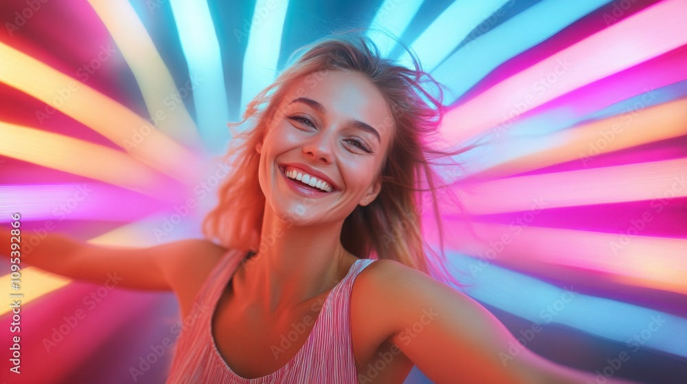 Fototapeta premium Joyful Smiling Woman Surrounded by Vibrant Neon Lights
