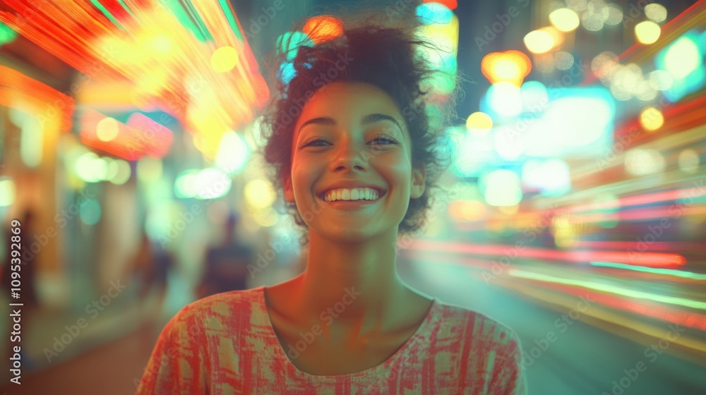 Joyful Woman Smiling Amidst Colorful City Lights at Night Joyful Woman Smiling Amidst Colorful City Lights at Night