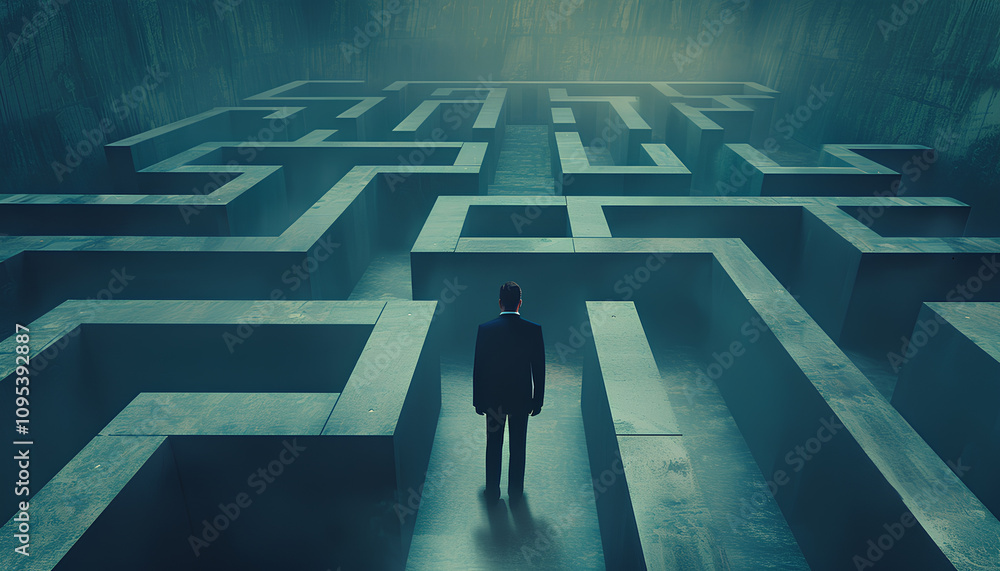 Businessman prepares to enter 3D flat maze Businessman prepares to enter 3D flat maze