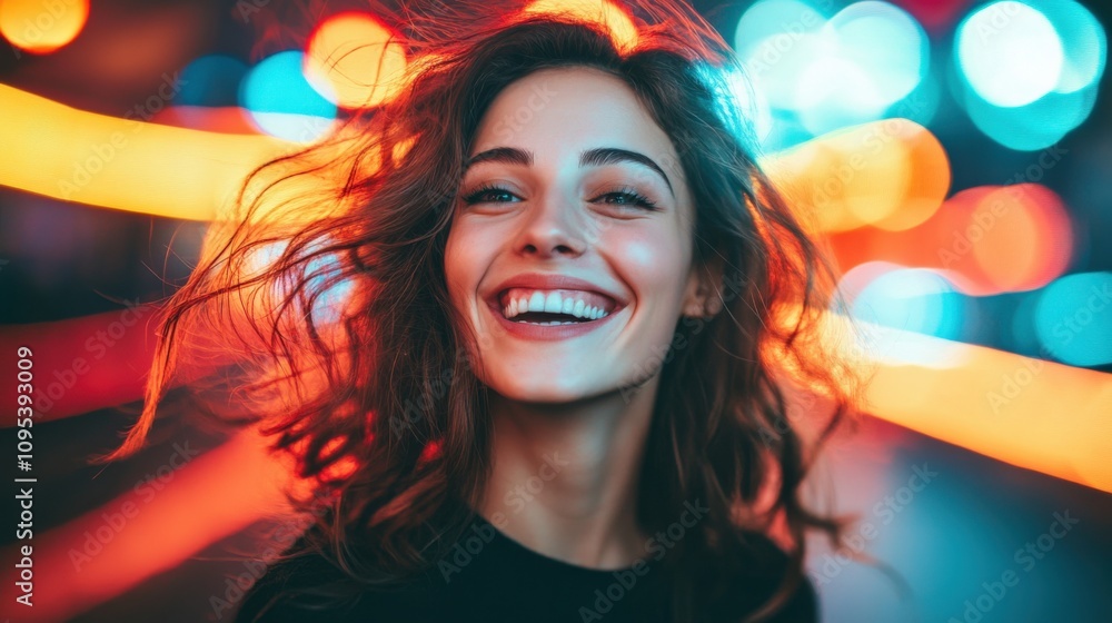 Vibrant Night Portrait of a Smiling Woman with Colorful Lights Vibrant Night Portrait of a Smiling Woman with Colorful Lights