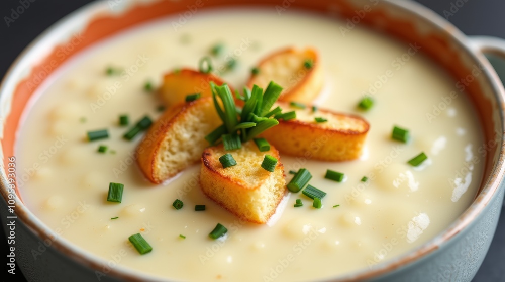 Creamy garlic soup topped with croutons and chives Creamy garlic soup topped with croutons and chives
