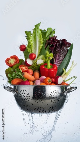 Silver colander filled with vegetables including carrots, radishes