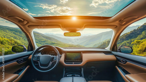 Wallpaper Mural Futuristic car cabin with panoramic glass roof overlooking serene mountain landscape Torontodigital.ca