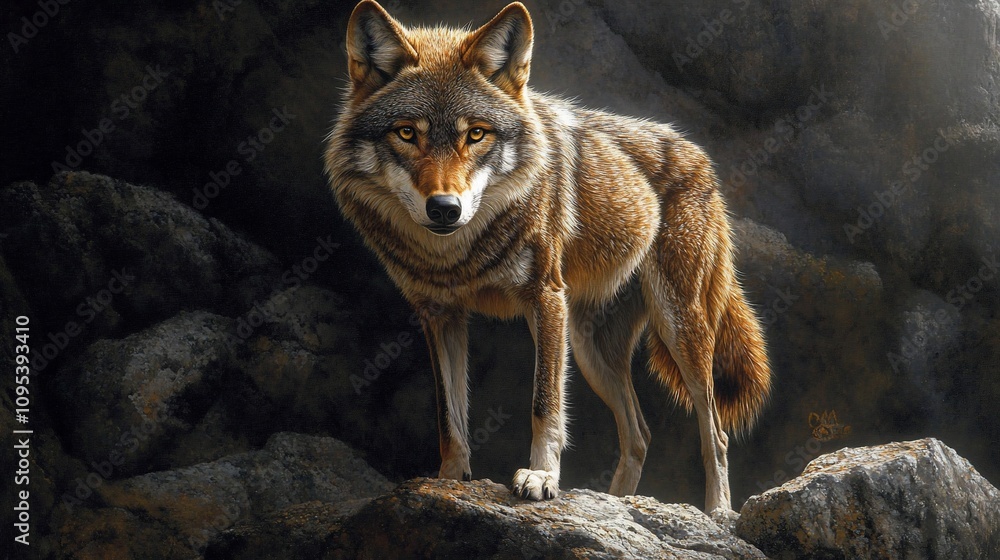 Fototapeta premium Majestic red wolf standing on rocks, shadowed cave background.