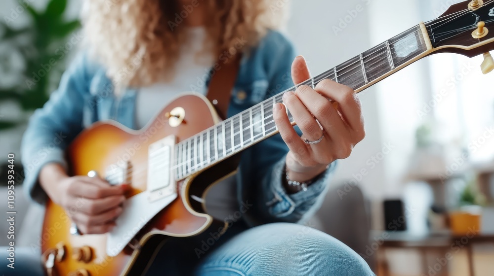 Fototapeta premium A woman in a denim jacket plays an electric guitar, focusing on her fingers pressing the strings. The warm, soft lighting creates an inviting and musical atmosphere.