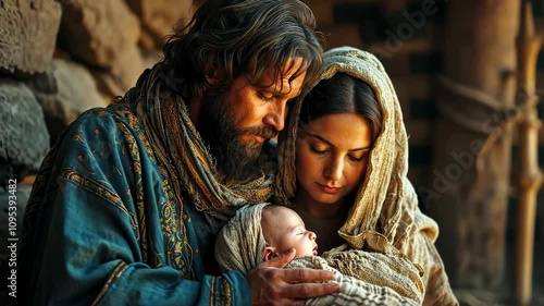 Divine family: video nativity scene with Mary and Joseph cradling baby Jesus Christ, capturing peaceful moment of holy family love, devotion during sacred birth in Bethlehem.
