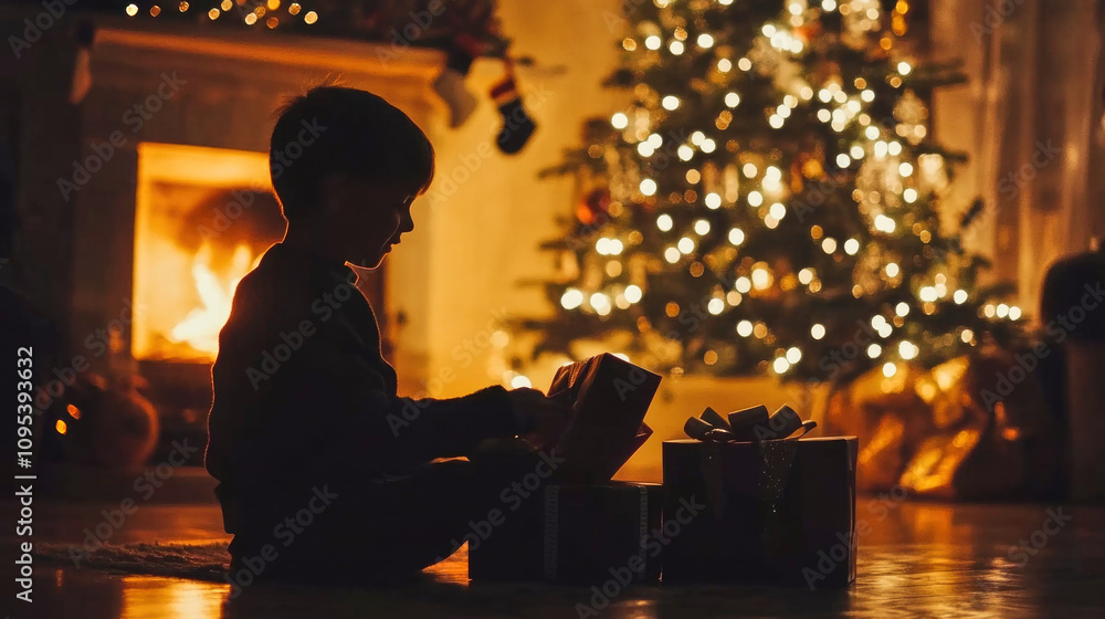 Silhouette of a boy opening gifts by the fireplace during a cozy Christmas celebration Silhouette of a boy opening gifts by the fireplace during a cozy Christmas celebration