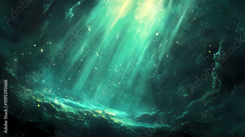 Ocean depths - light beams. Deep Ocean Abyss. Illustration