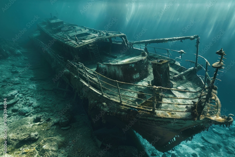 Sunken shipwreck resting on seabed with sun rays penetrating through the water surface, creating a mysterious and captivating underwater scene Sunken shipwreck resting on seabed with sun rays penetrating through the water surface, creating a mysterious and captivating underwater scene