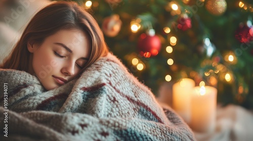 Wallpaper Mural Cozy Holiday Moments: Young Woman Snuggled by Christmas Tree Torontodigital.ca