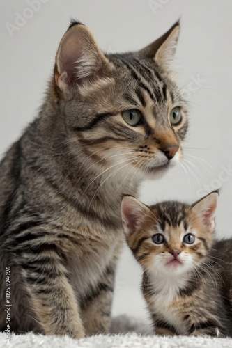 Mother cat and her kitten are sitting on a white surface